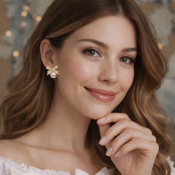 Coquette Pink Pearl Bow Earrings Gold Crystal Ribbon Studs Dainty Balletcore - Picture 3 of 14
